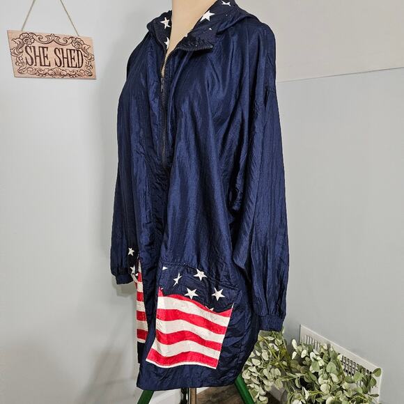 Vintage Blue Backpack Jacket Americana Flag Design Rain Windbreaker Patriotic XL - Picture 5 of 13